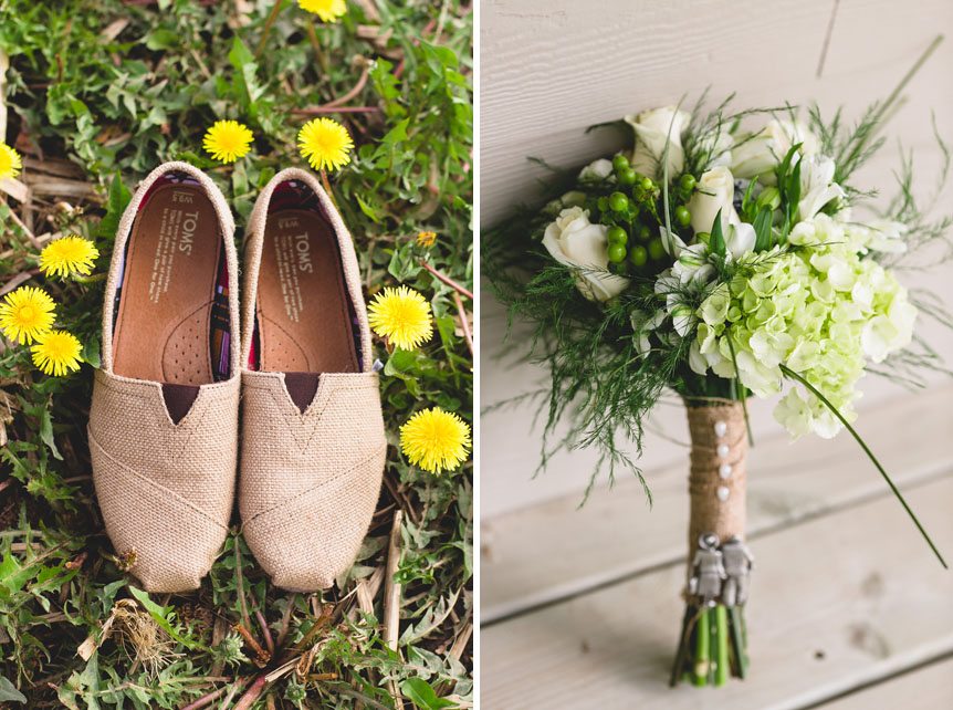 the bride's TOMS shoes and her bouquet of flowers
