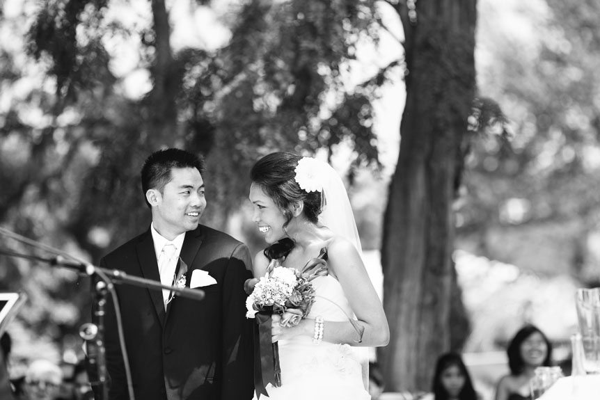 the bride and groom at their Liuna Gardens outdoor wedding ceremony