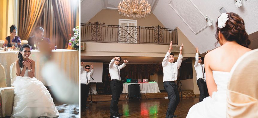 Toronto documentary wedding photographer photographs the groom as he surprised his bride with a dance number at their wedding reception in Liuna Gardens