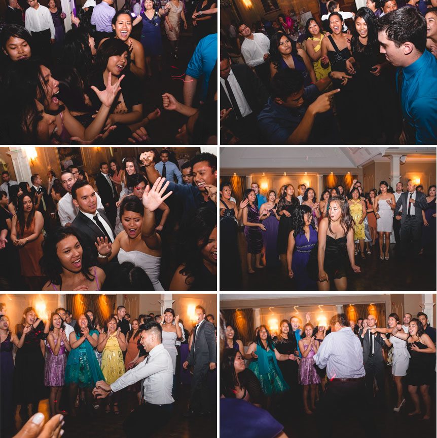 people having fun at a wedding reception at Liuna Gardens by Toronto documentary wedding photographer