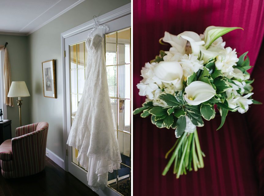 Cambridge Documentary Wedding Photographer shoots details of the wedding gown and the bouquet.