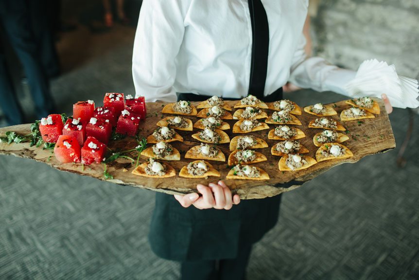 Hors d'oeuvres served at a Cambridge Mill wedding by Cambridge Documentary Wedding Photographer.