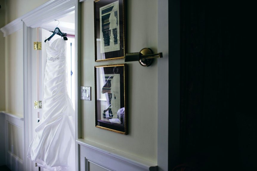 Toronto wedding photographer photographs the bride's wedding gown inside Langdon Hall's bridal suite.
