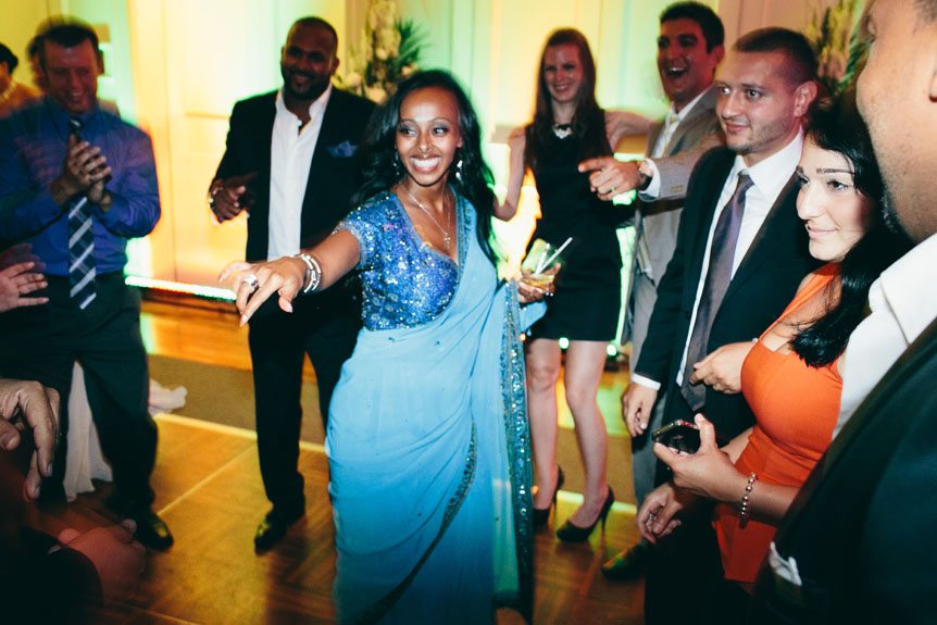 Toronto wedding photographer captures guests having fun at a Langdon Hall wedding reception.