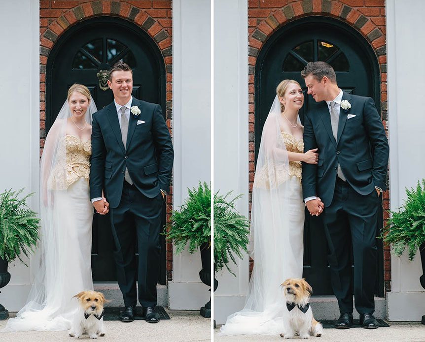 Portraits of the bride and groom and their dog as photographed by Cambridge Documentary Wedding Photographer.