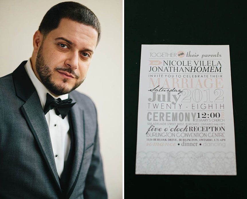 A portrait of the groom and an image of their wedding invitation as photographed by Toronto documentary wedding photographer.