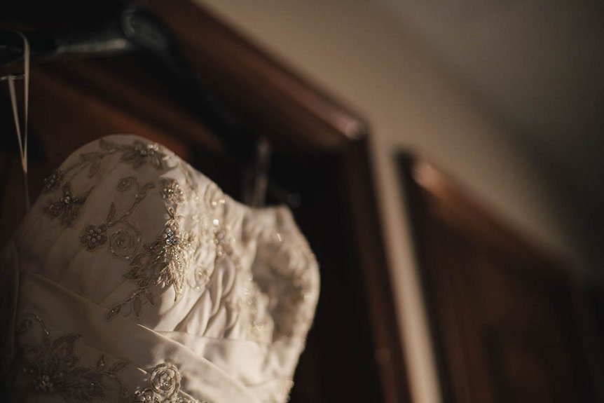 Detail shot of the bride's wedding dress photographed by Ingersoll wedding photography studio.