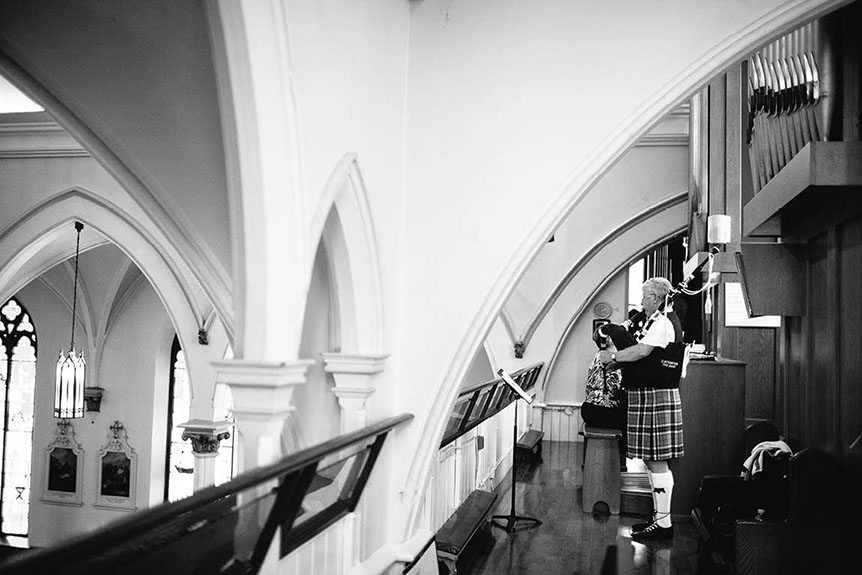 Father of the groom plays the bagpipe for wedding ceremony in Ingersoll.