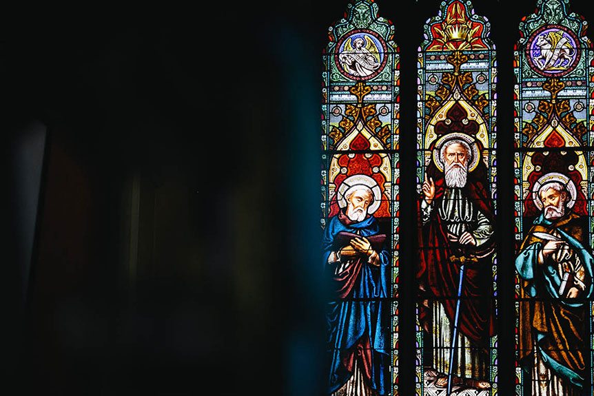 Glass mosaic window at a Roman Catholic Church in Ingersoll, Ontario.