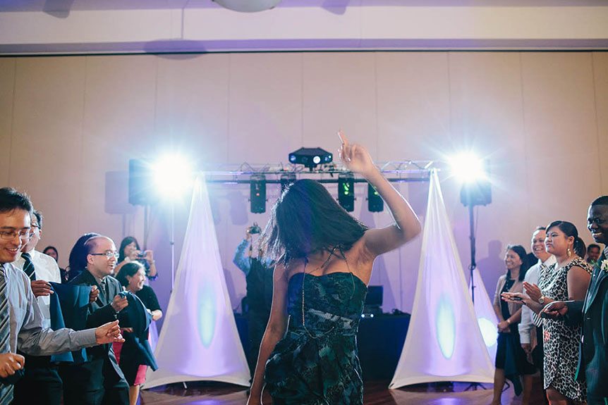 The dance party begins at a Filipino wedding reception.