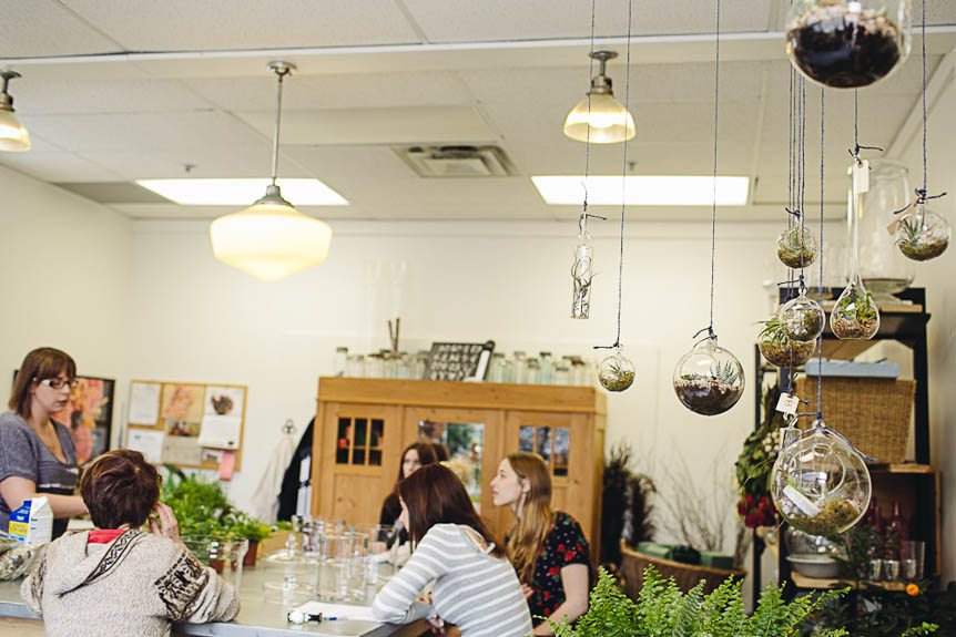 Living Fresh Flower School teaching a class on building terrariums photographed by documentary photographer,