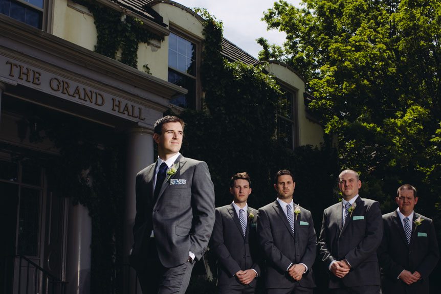 Contemporary portrait of the groom and his groomsmen at his Windermere Manor wedding.