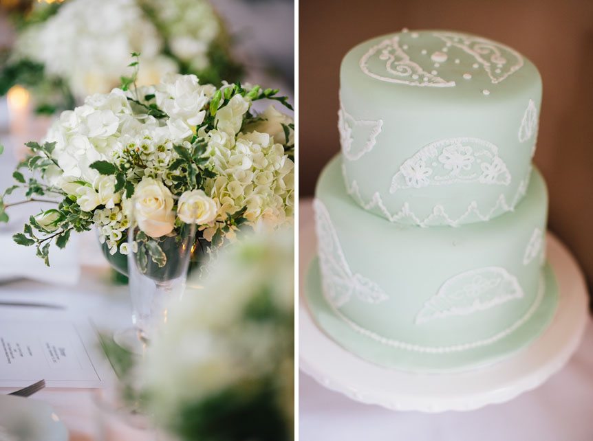 Beautiful centerpieces and green cake at an intimate wedding ceremony in Port Credit.