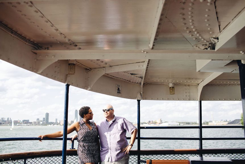 An engaged couple aboard the ferry to Toronto Islands.