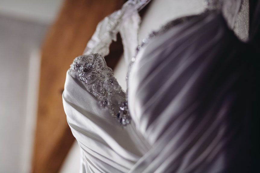 Detail of  wedding gown worn by a bride that got married at the Cambridge Mill.