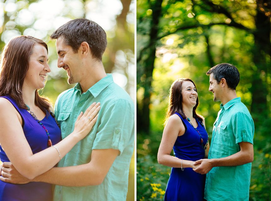 A young couple poses for their engagement session at the Pinery.