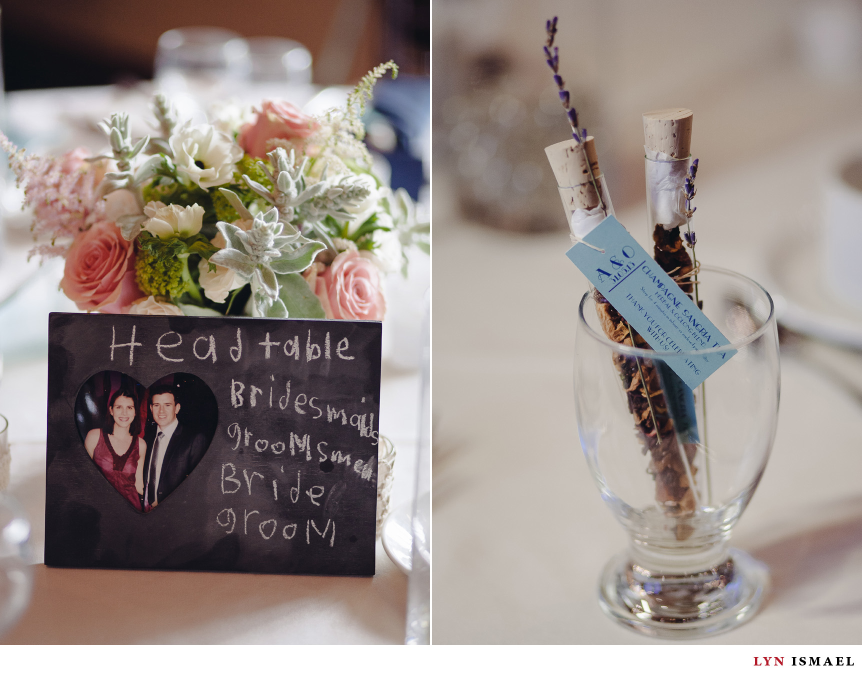 Wedding centerpieces and test tubes filled with teas at a Windermere Manor wedding