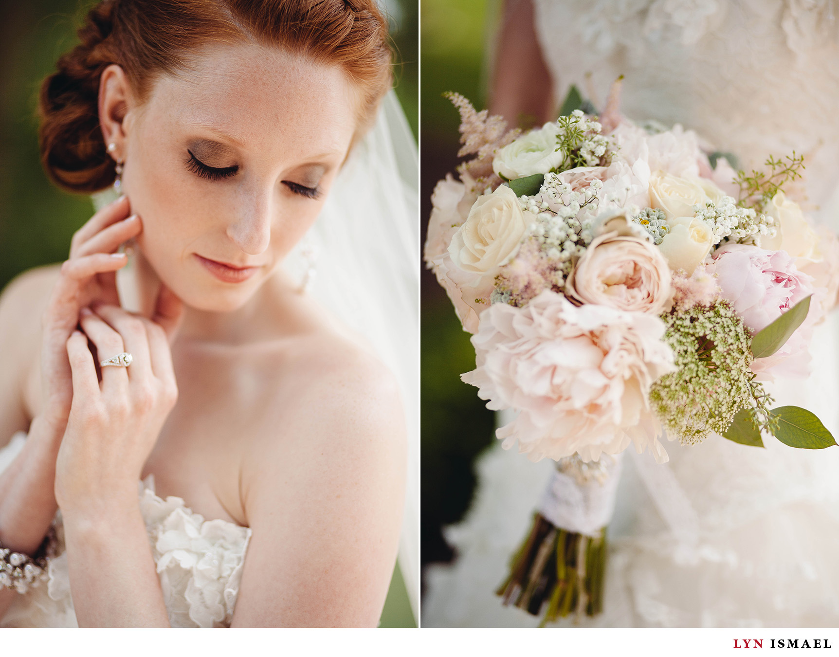 A beautiful portrait of a redhead bride and a bridal bouquet from Flowers More Often