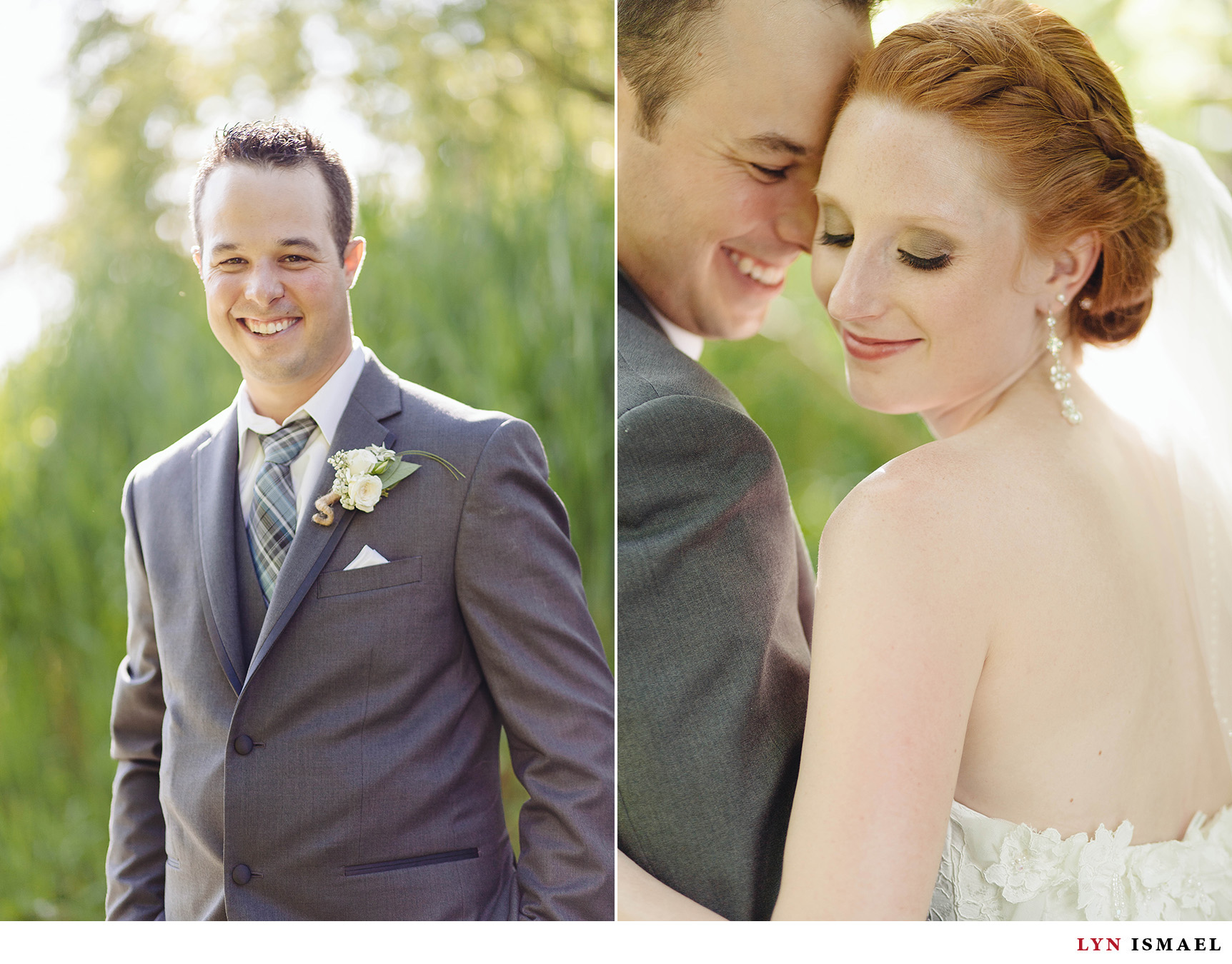 Handsome groom cozies up wioth his beautiful redhead bride.