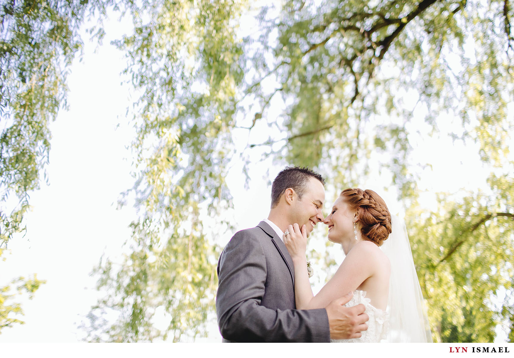 Bride and groom kissing under a willow tree.