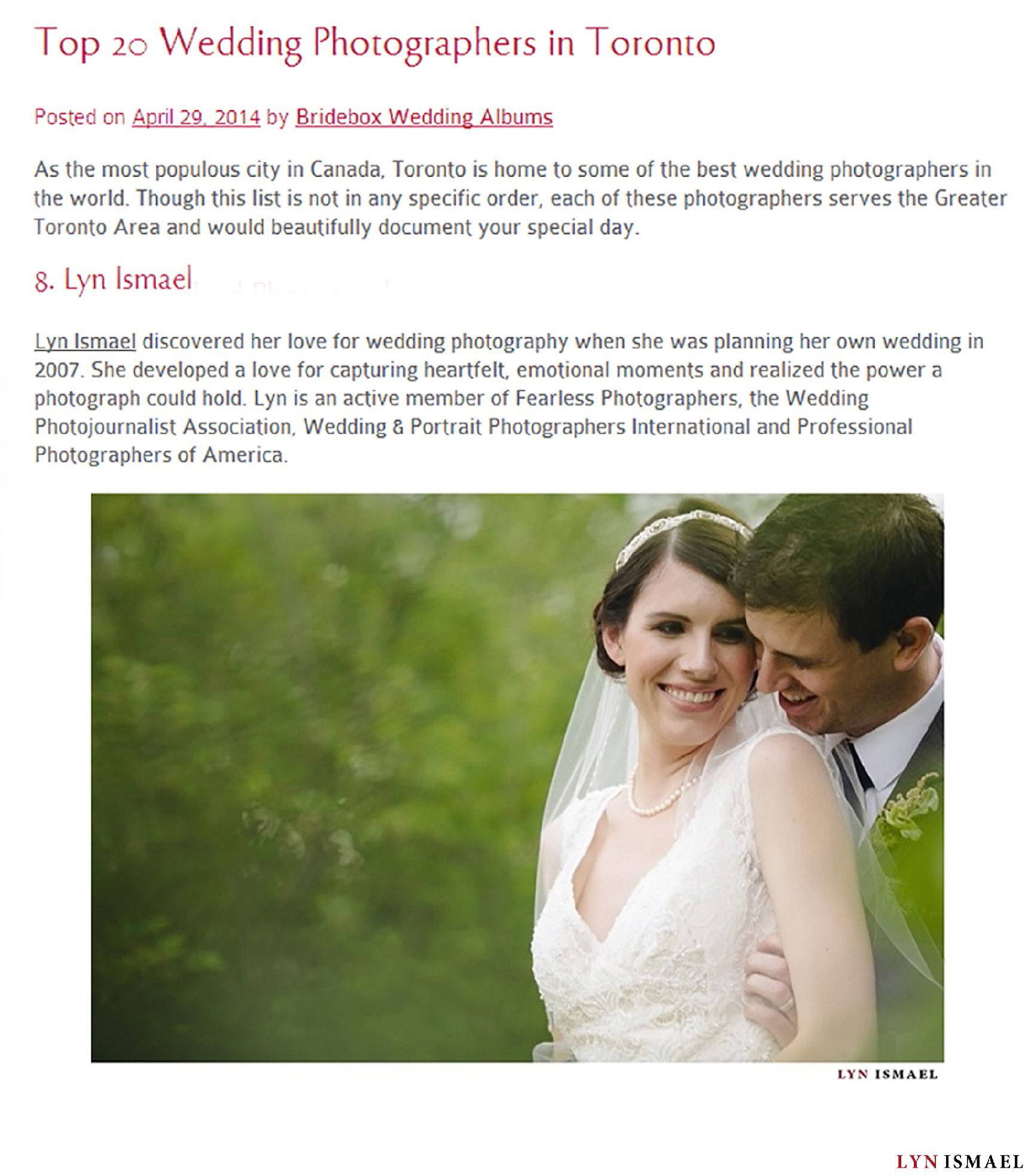 Voted #8 in Top 20 wedding photographers in Toronto