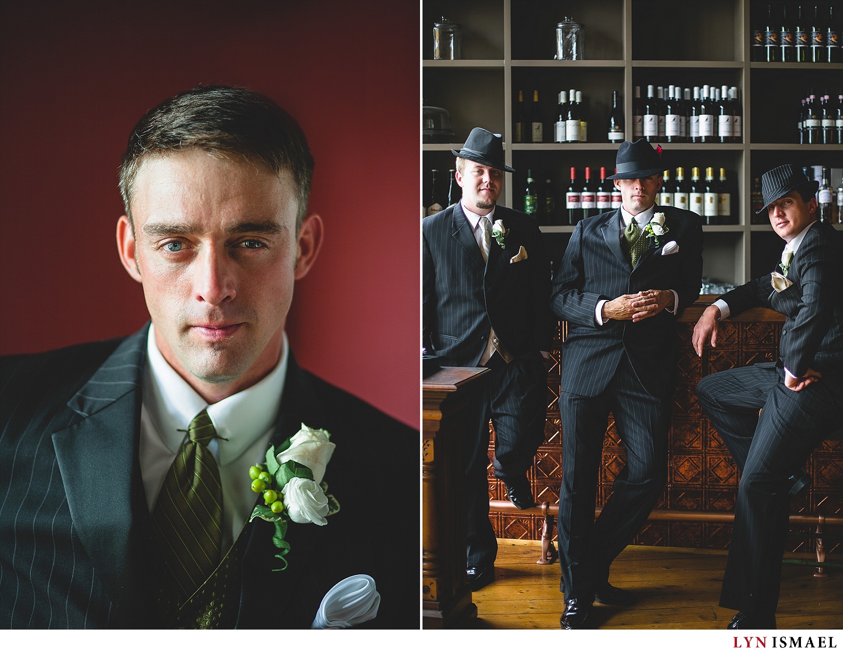 Portrait of a groom and his groomsmen wearing fedora hats.