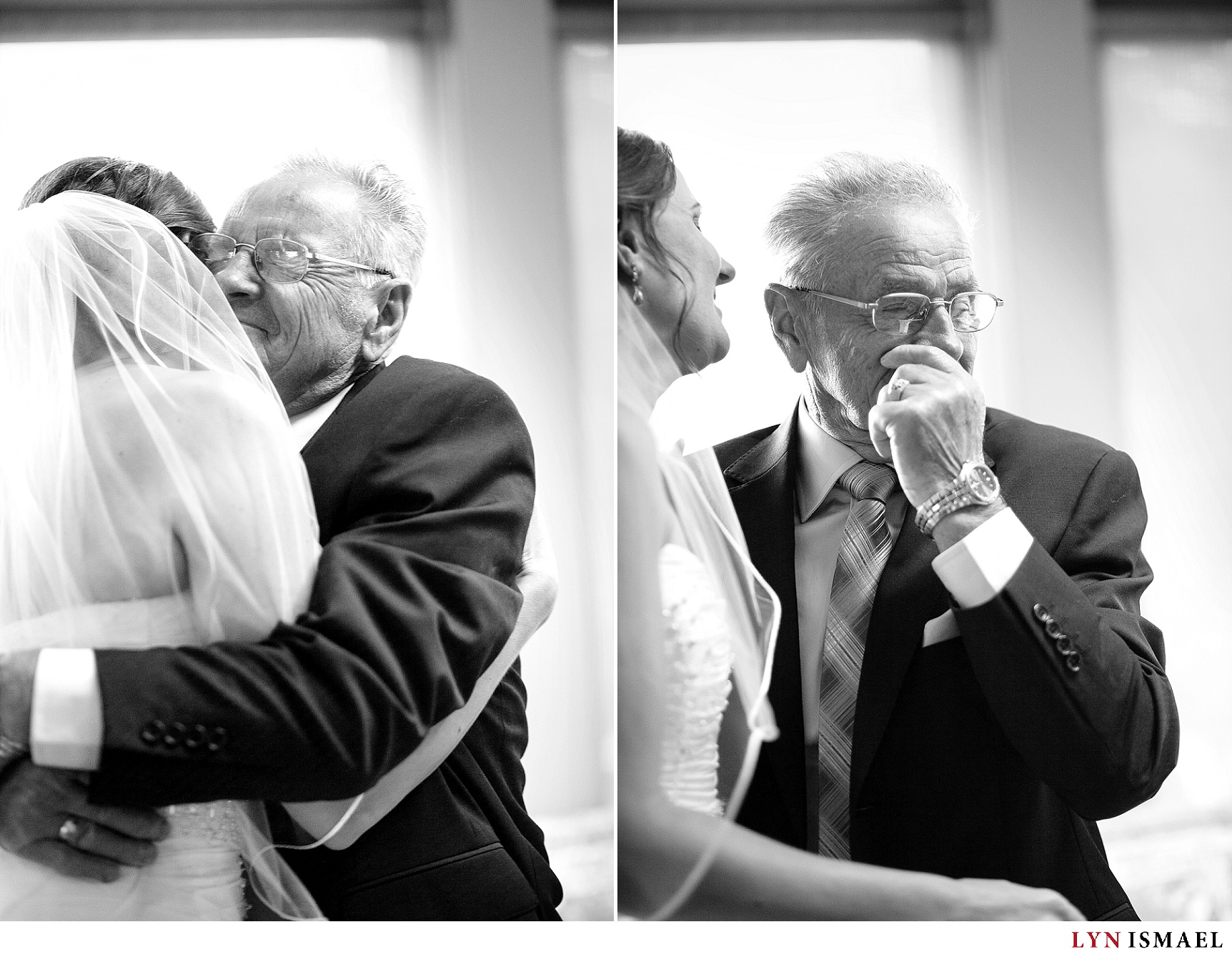 The father of the bride gets teary when he sees his little girl as a bride.
