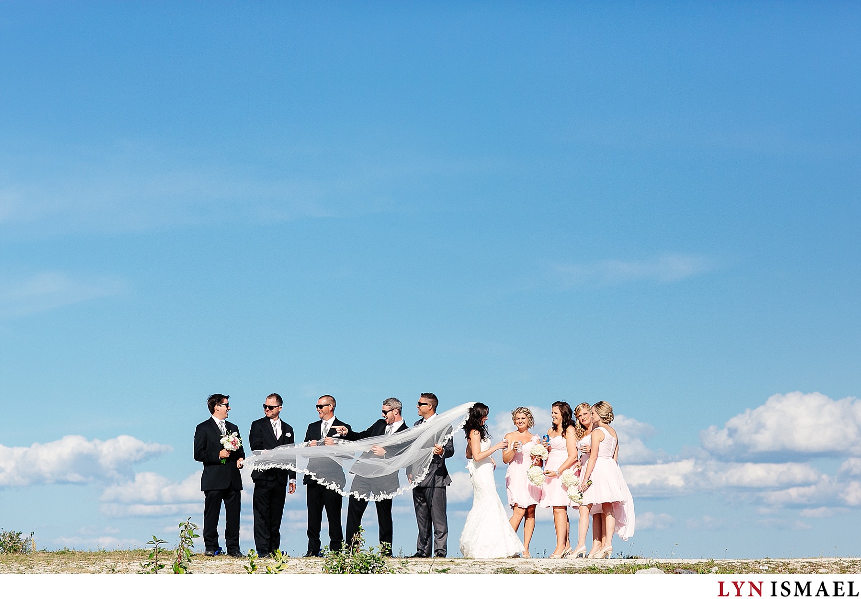 A fun portrait of the wedding party at the Cranberry Resort in Collingwood.