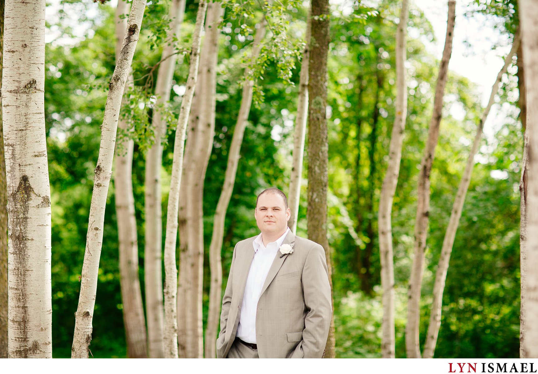 Portrait of the groom among the birch trees at the Holland Marsh Wineries
