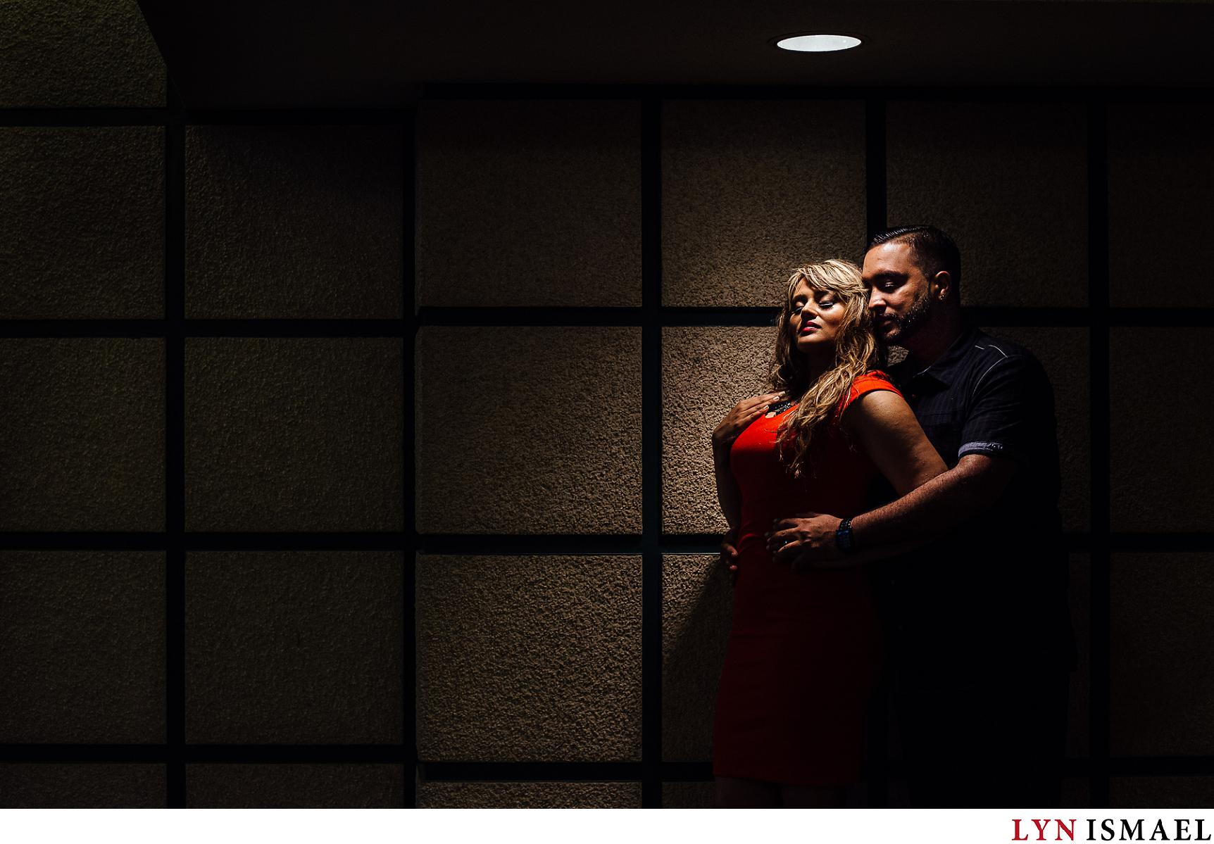 Dramatic lighting used at an engagement portrait at the Harboufront