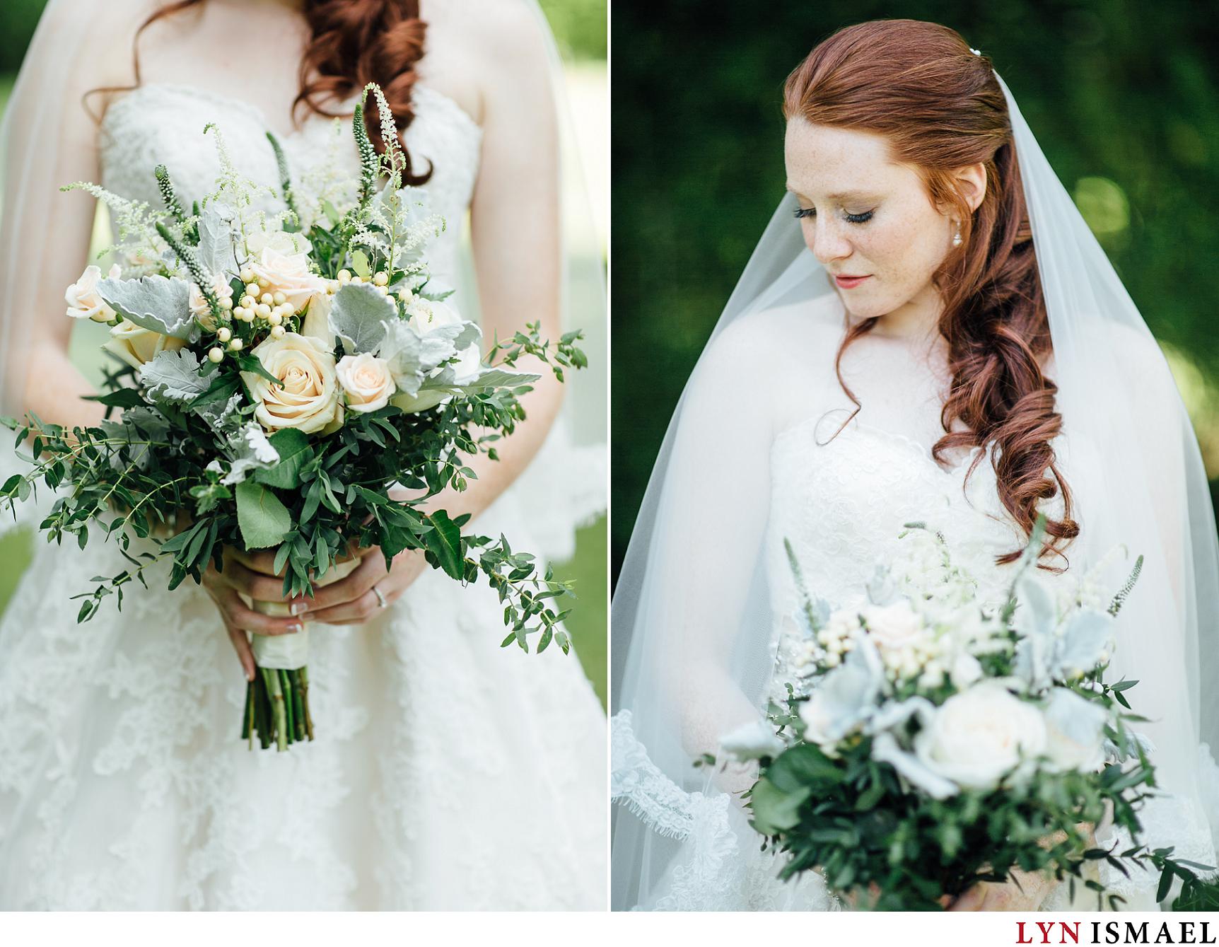 Portrait of the bride and a detail shot of her bouquet