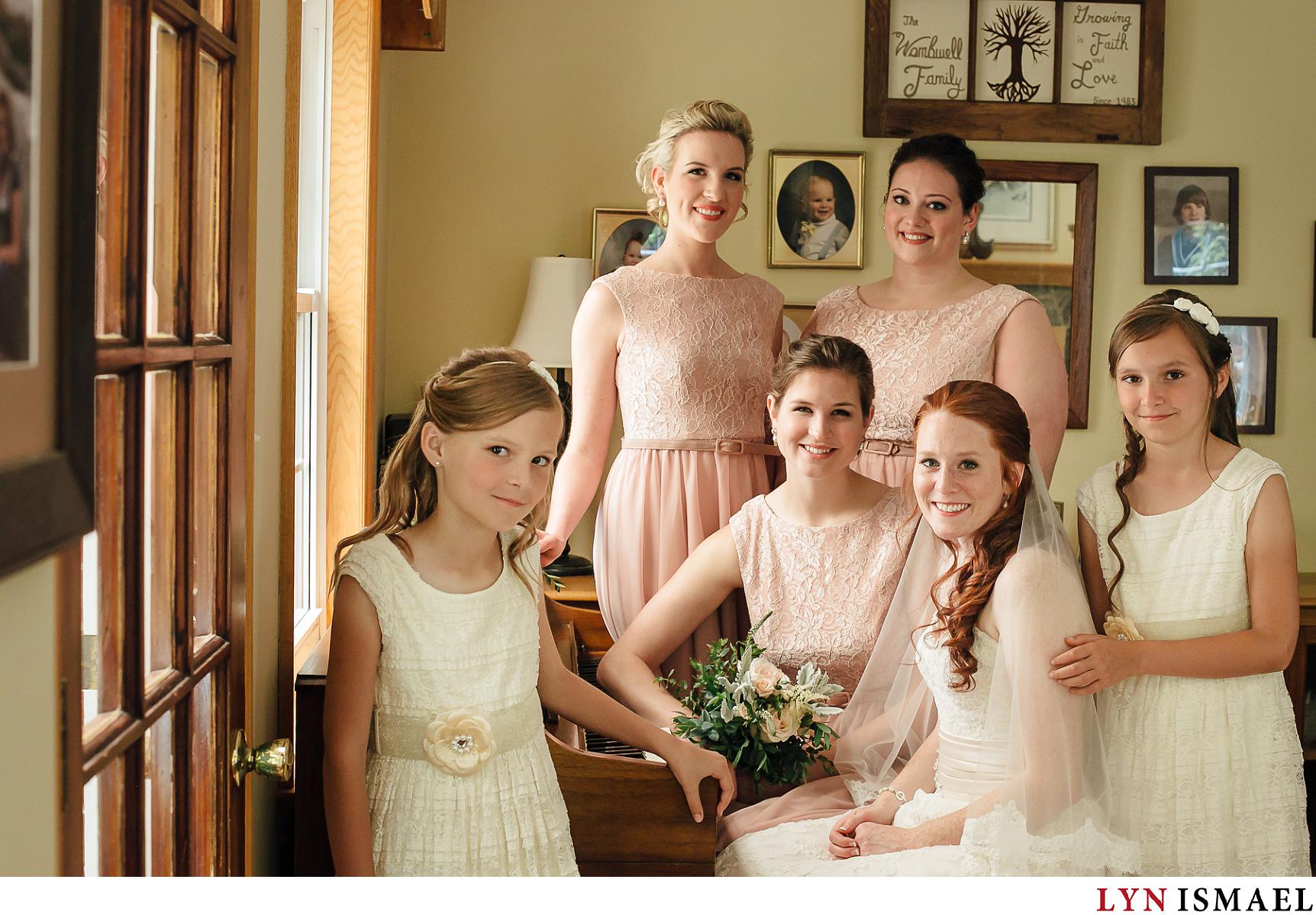 Portrait of the bride and her bridesmaids and junior bridesmaids