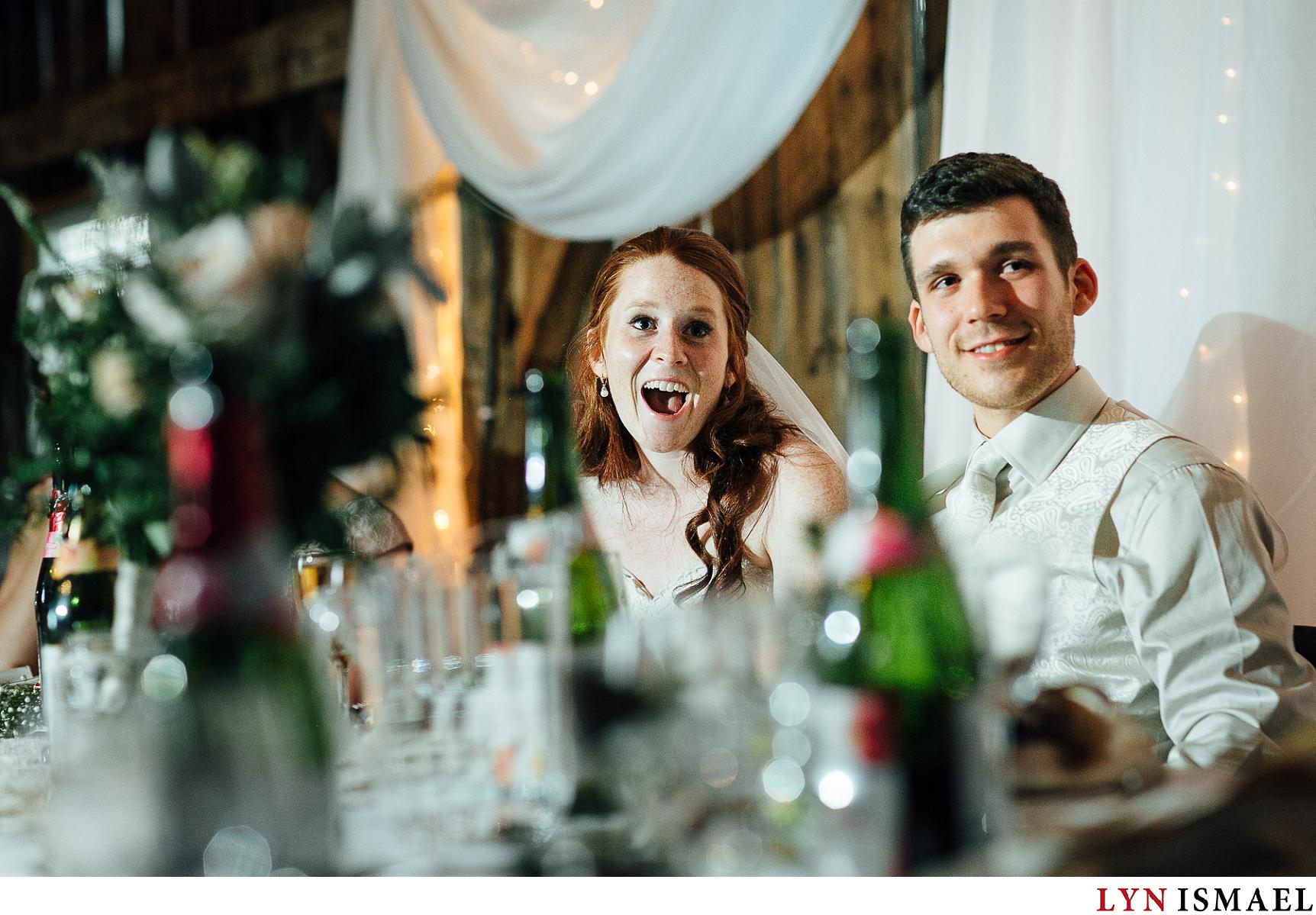 A funny reaction from the bride and groom.