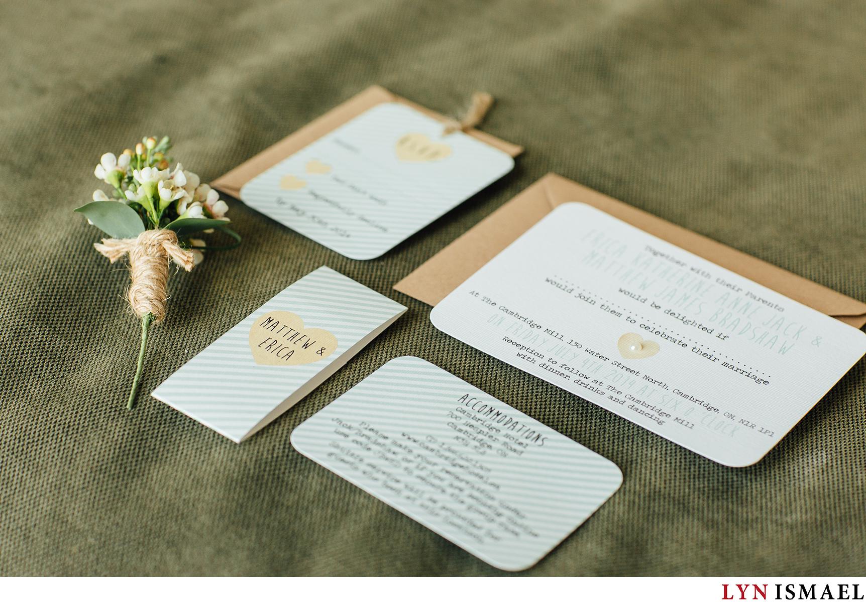 Mint and cream wedding invitations at a Waterloo Region wedding.