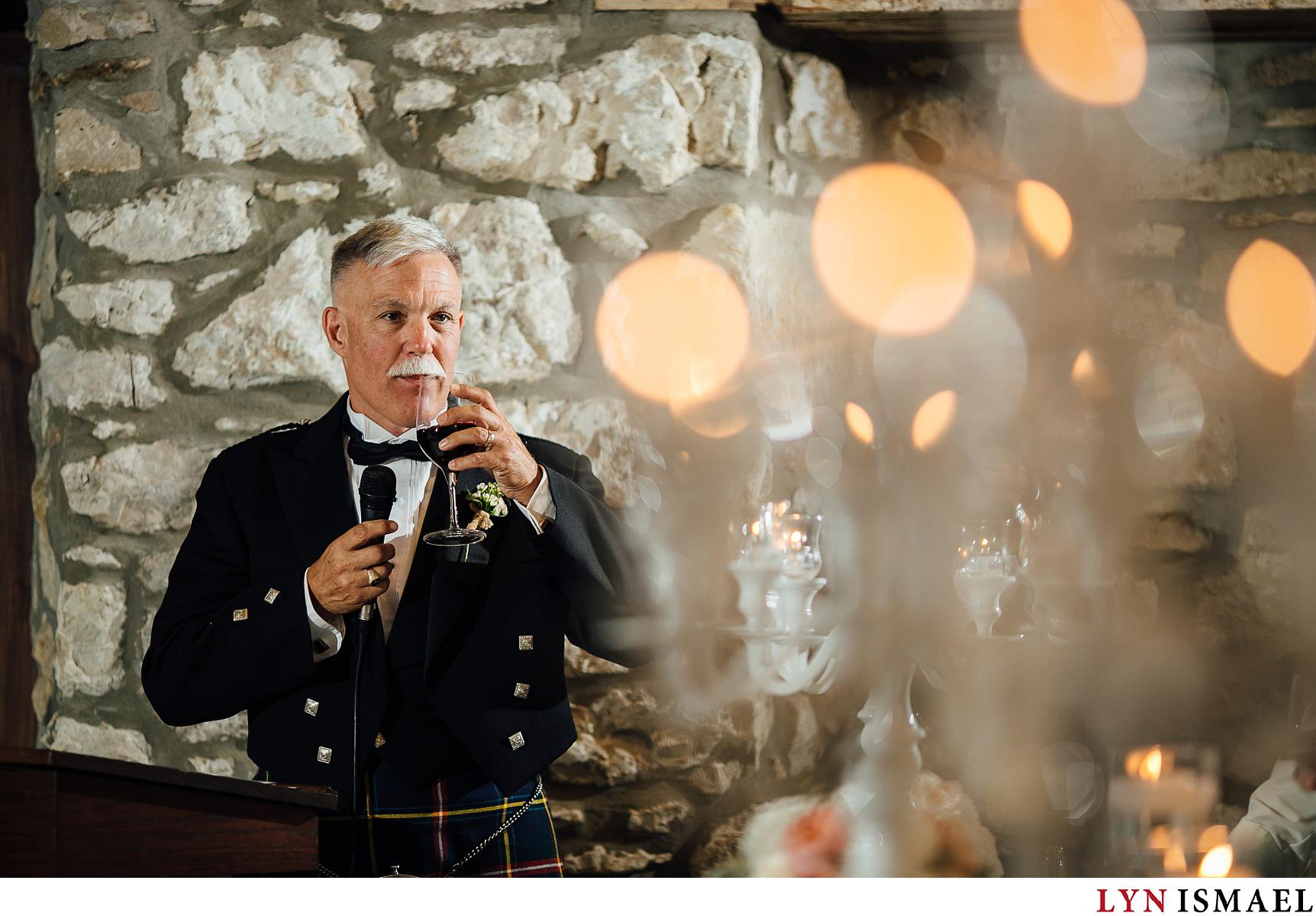 Father of the bride toasts to the bride and groom at a wedding at a Waterloo Region venue.