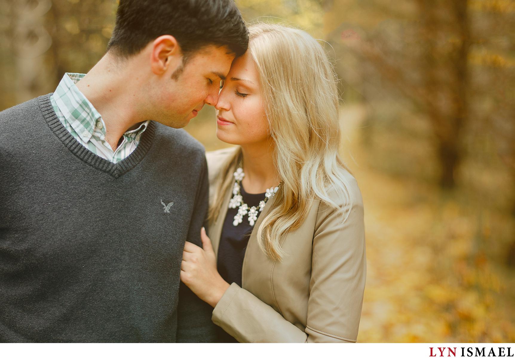 A romantic fall engagement photo of Monica and Brandon.