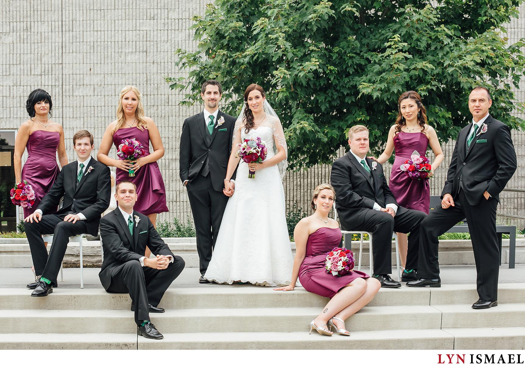 Wedding party portrait at the Art Gallery of Burlington's courtyard