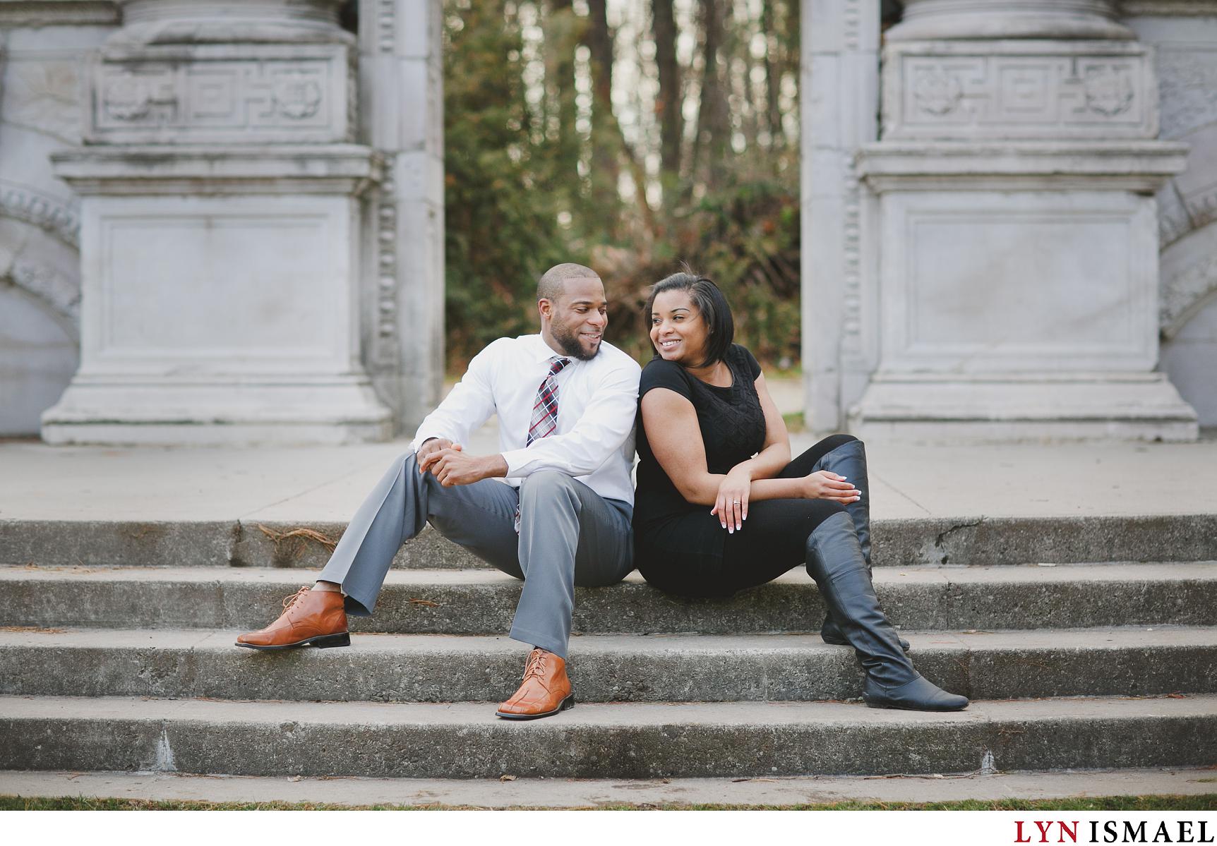 A couple poses for their engagement session in Toronto