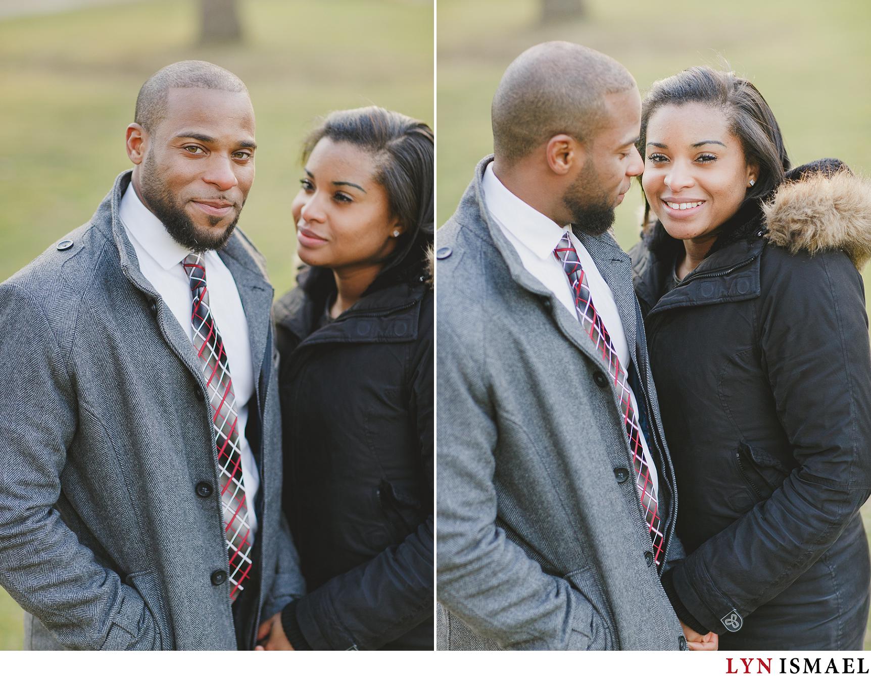 African-American couple poses for their engagement session in Guildwood Park