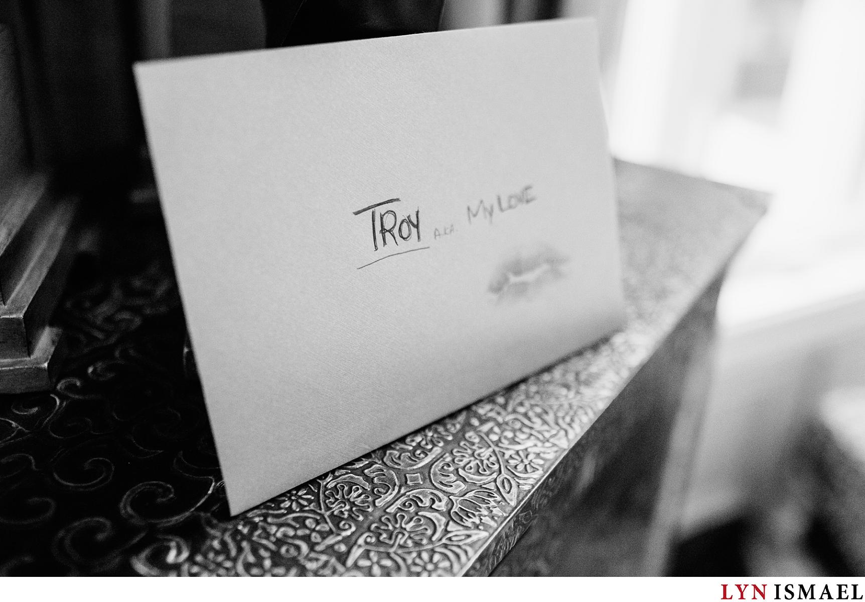 a card from the bride to her groom