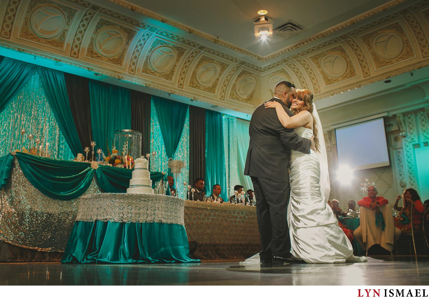 The bride and groom's first dance inside Paradise Banquet Hall in Vaughan, Ontario.