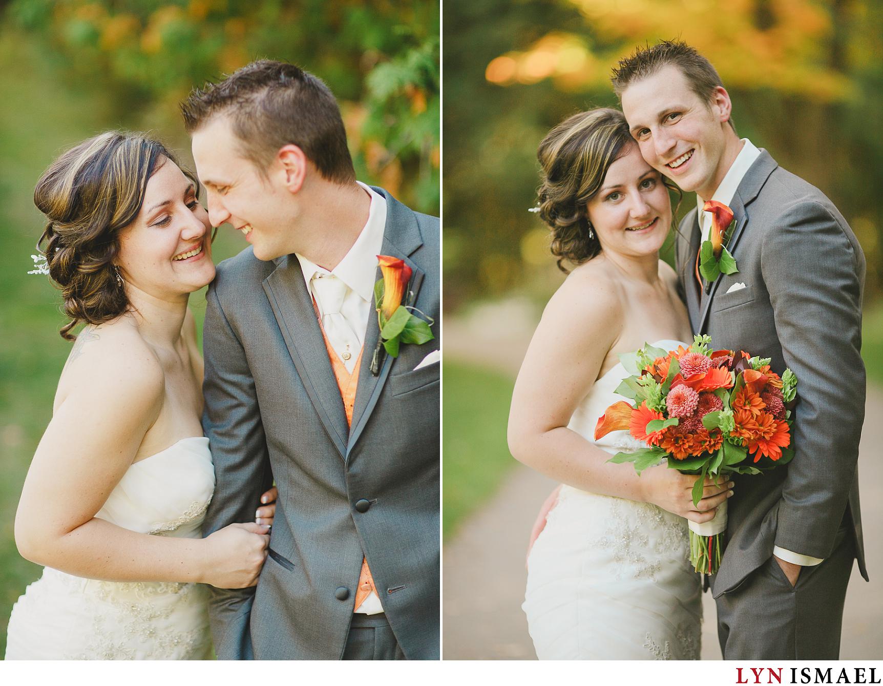 Portraits of the bride and groom who had their wedding in Elora, Ontario.
