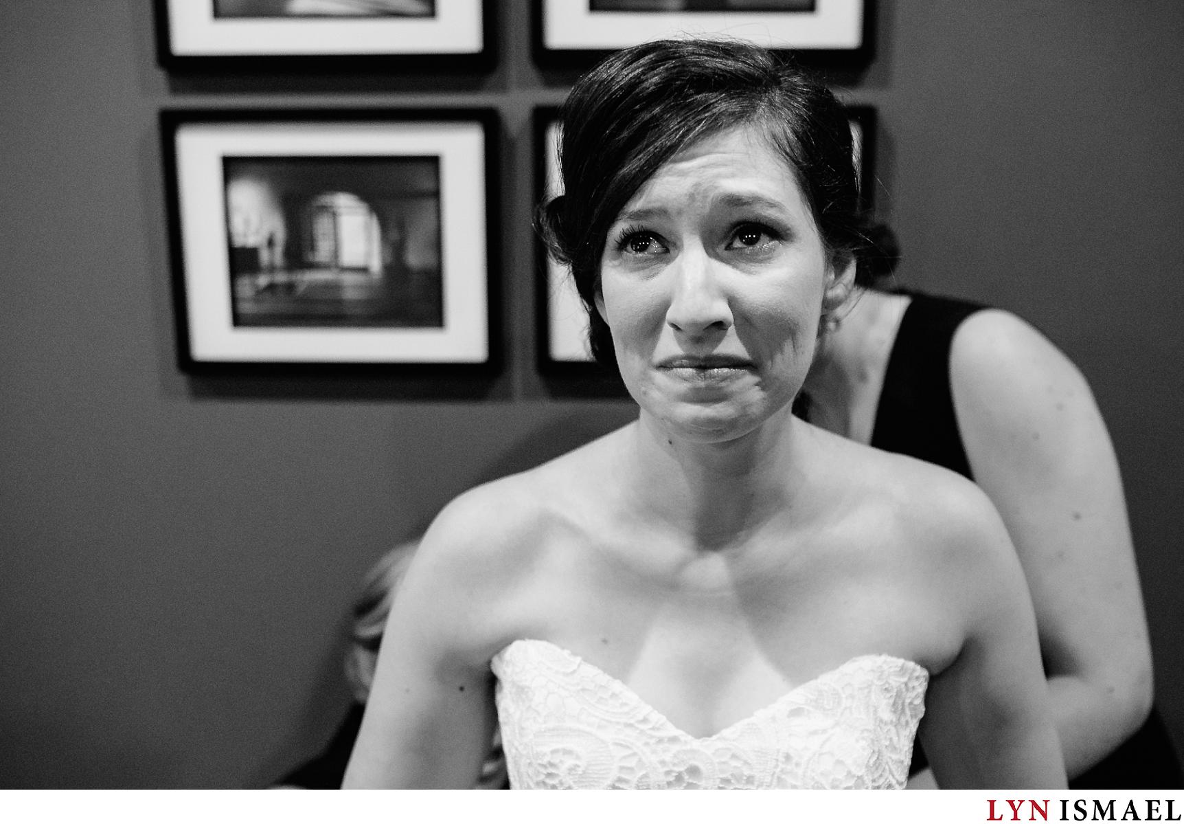 Bride having an emotional moment as she got ready