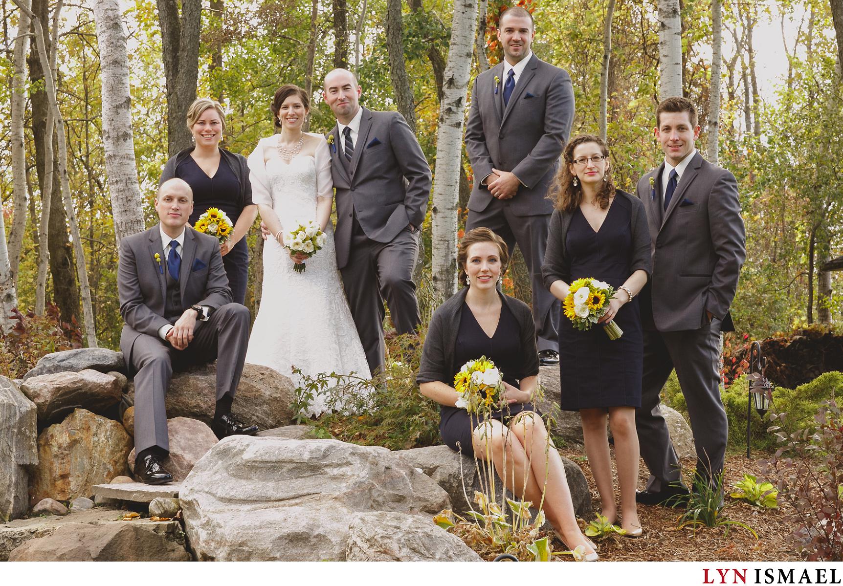 Wedding party portrait outdoors in the fall.