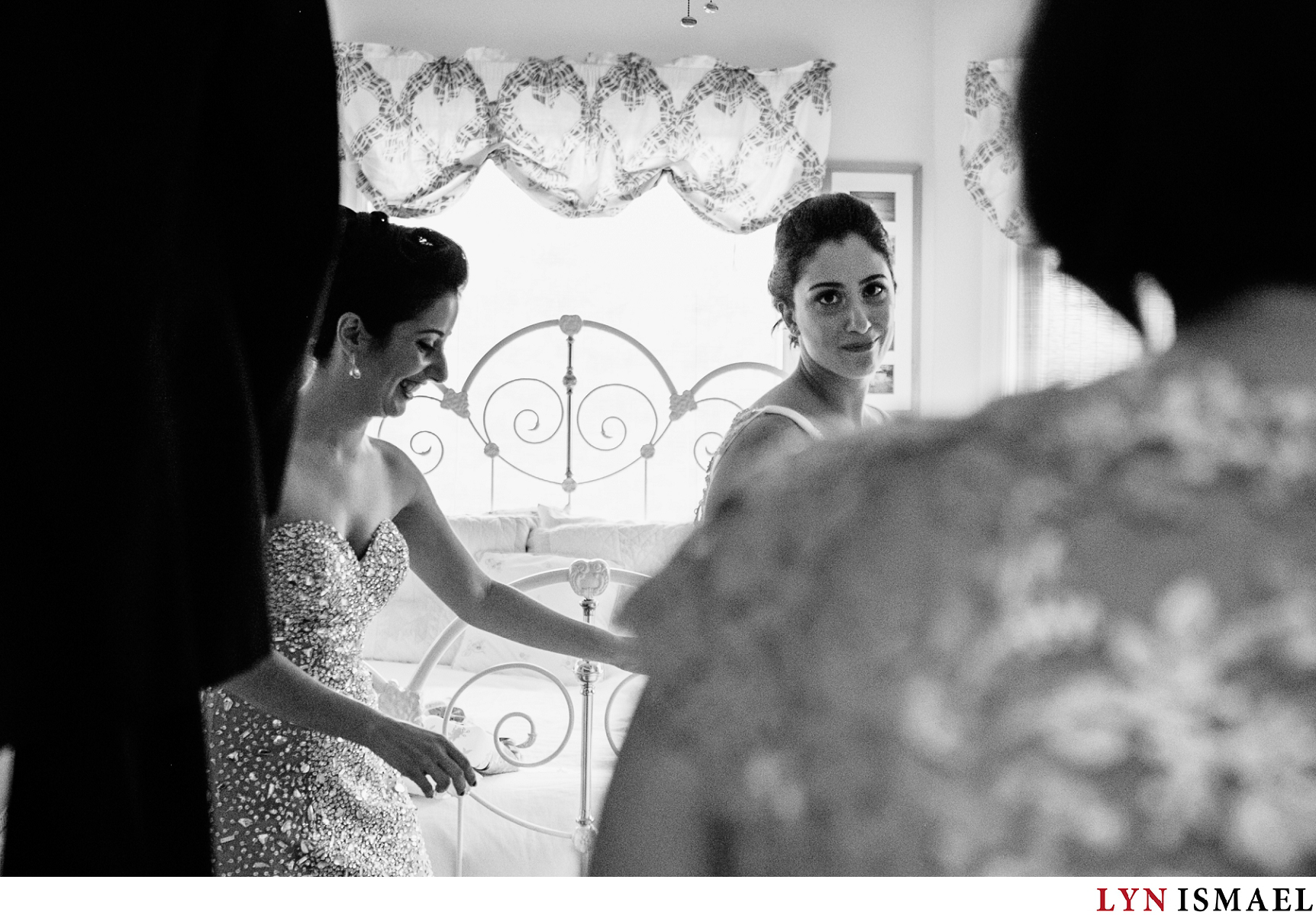 Mother of the bride sees her daughter for the first time as a bride at their family home in Richmond Hill, Ontario.