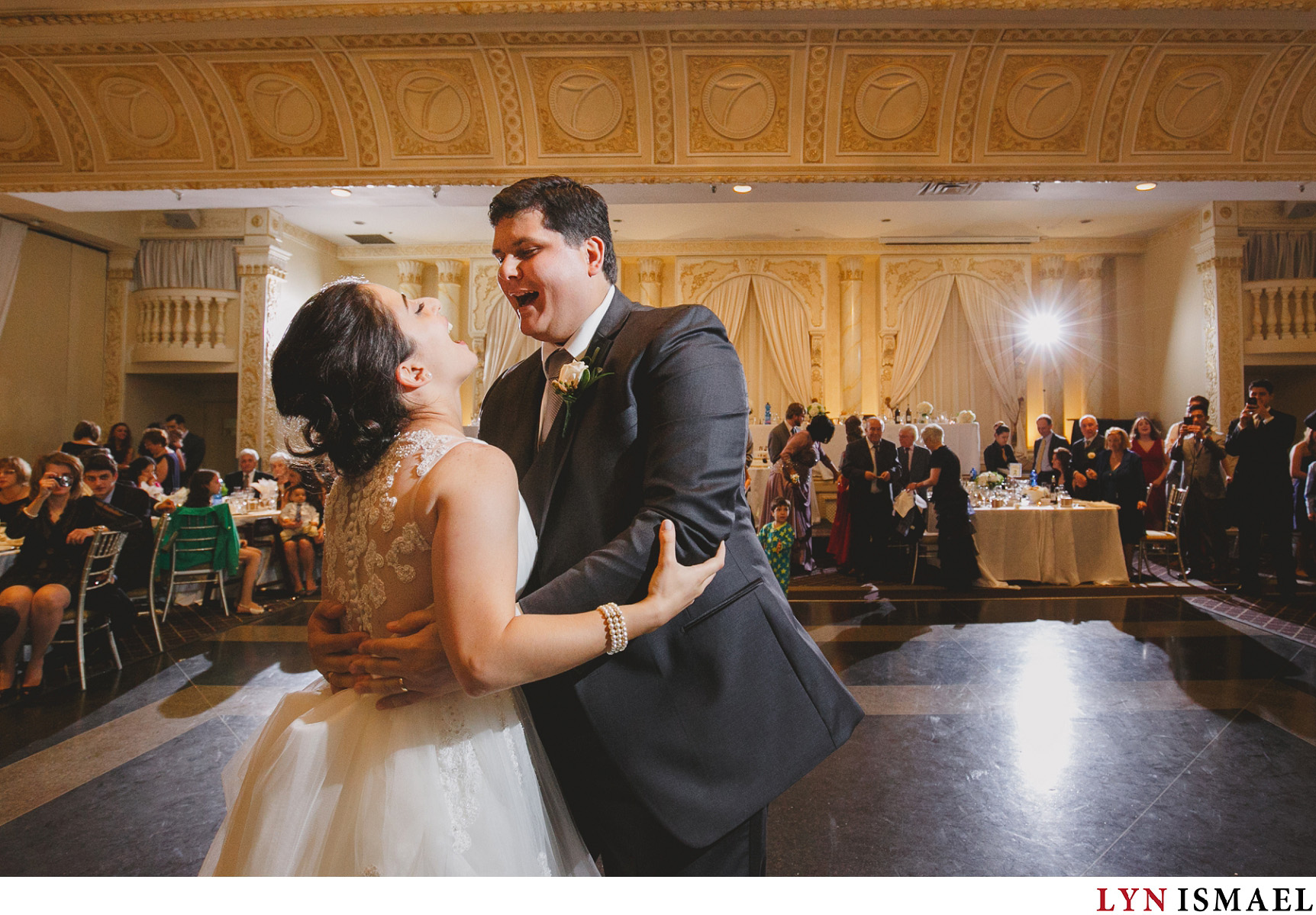 A couple's first dance at their wedding reception in Paradise Banquet Hall.