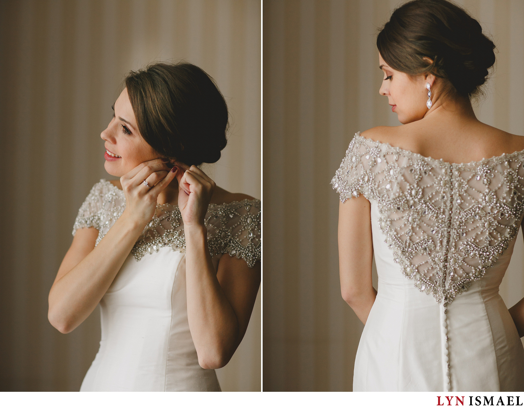 Beautiful, elegant bride shows off the back of her itricately beaded wedding gown.