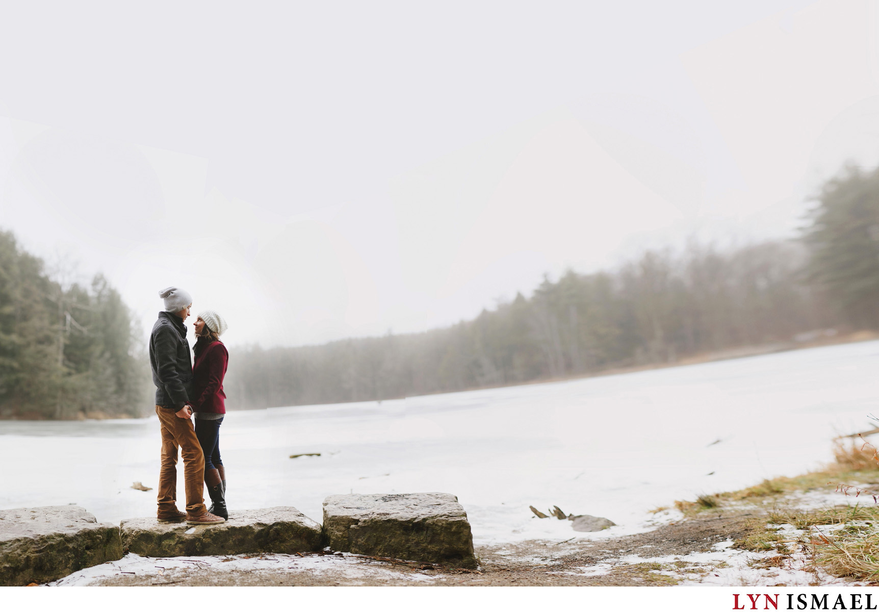 Winter woodland engagement session in Kitchener, Ontario.