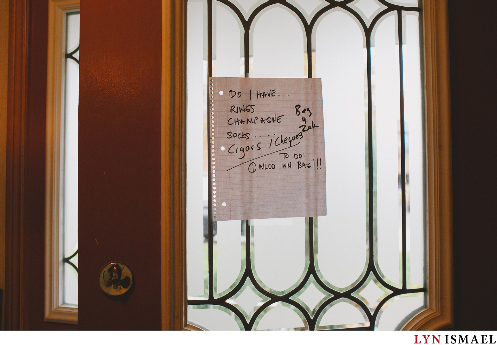 Groom leaves a note at the door on his wedding day.