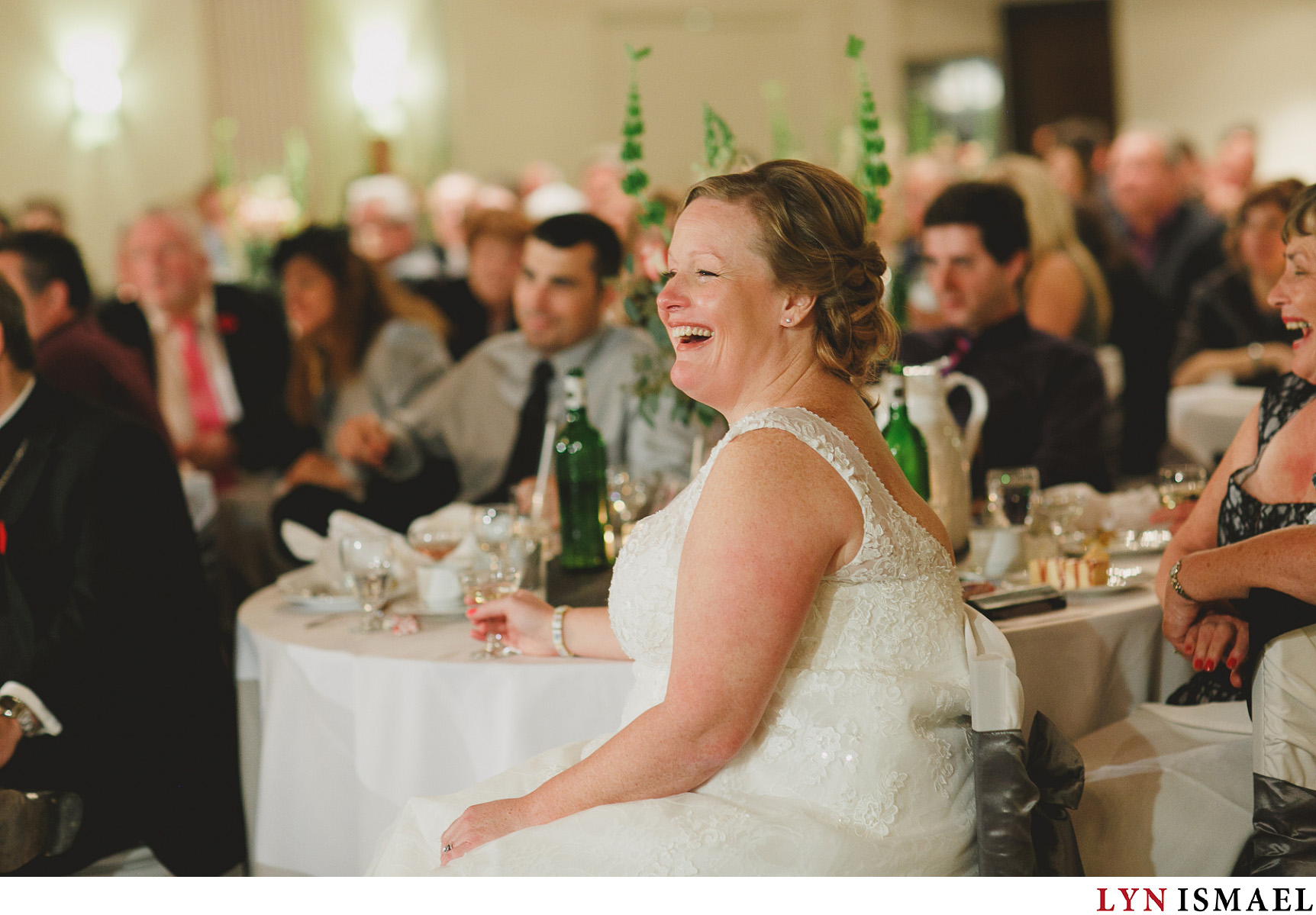 Brides reaction to her sisters' toast.